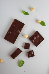 chocolate bar with hazelnut on a light background