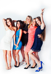 Obraz premium many girlfriends hugging celebration on white background, smiling talking chat closeup, lifestyle people concept