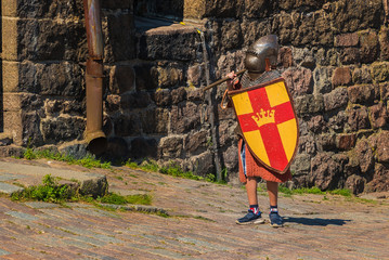 boy dressed as a knight with a shield