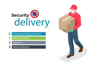 Isometric Delivery man holding cardboard boxes in medical rubber gloves and mask. Online shopping and Express delivery. Quarantine epidemic