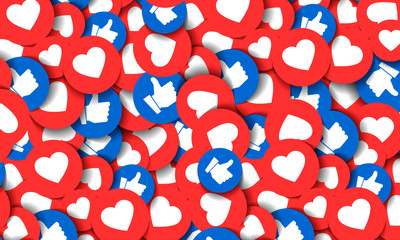 More likes background. Hearts and thumb up social media icons illustration.