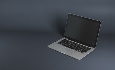 Empty black laptop screen on gray background.
