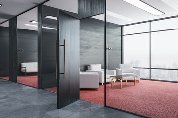 Contemporary waiting room with city view.