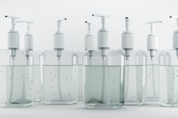 Many bottles of antimicrobial liquid gel.