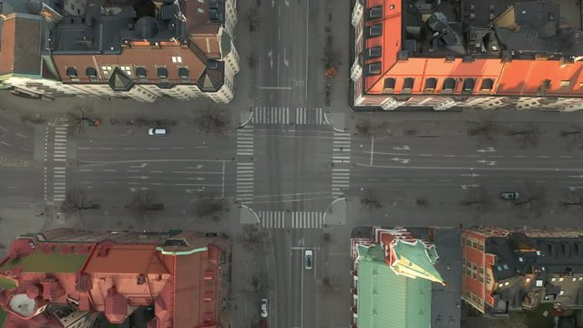 Aerial of empty intersection in Stockholm during Coronavirus Covid-19 outbreak
