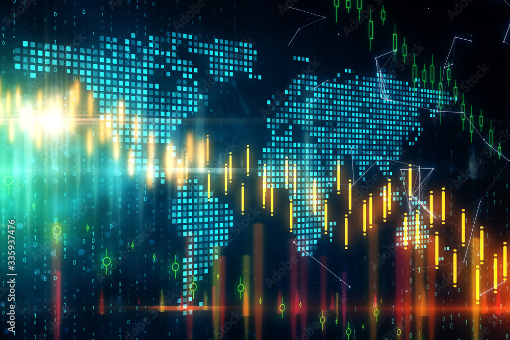Poster Business trading concept with digital screen with forex graphs and pixel world map.