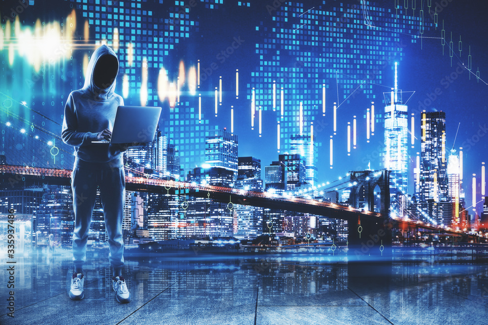 Poster Hacker using laptop with digital globe hologram
