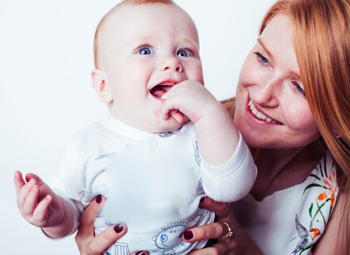 Young Beauty Mother With Baby, Red Head Happy Family Isolated Closeup