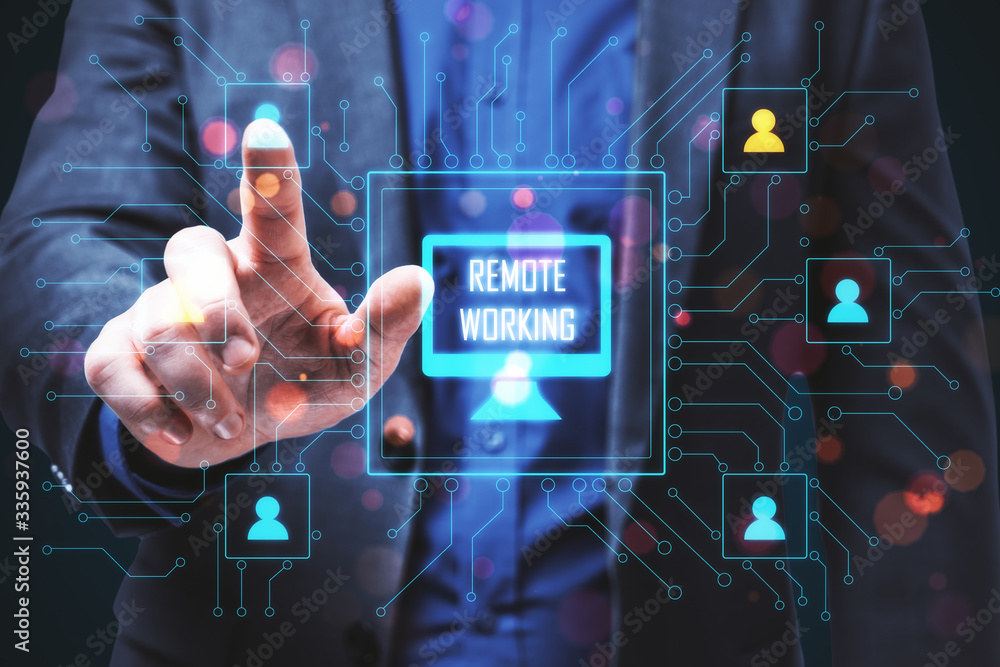 Poster businessman using distant coworking remote work interface