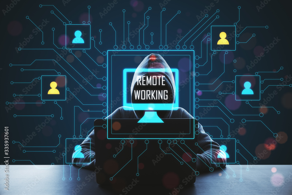 Aufkleber Hacker using laptop with glowing remote work interface.