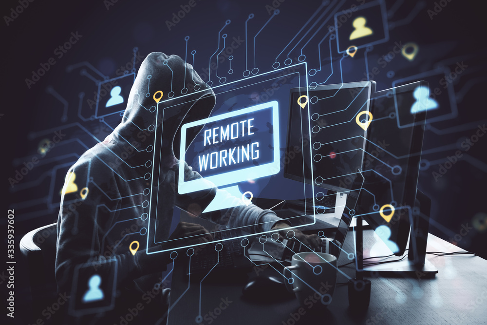Aufkleber Hacker using computer with glowing distant coworking remote work interface.