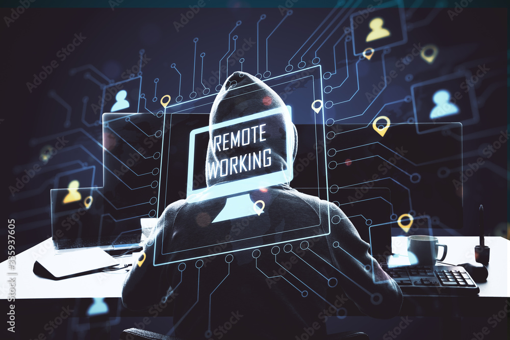 Aufkleber Hacker using computer with glowing remote work interface.
