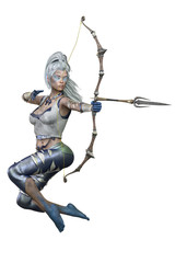 Caucasian Elf Archer Woman with Bow and Arrow on Isolated White Background, 3D illustration, 3D Rendering