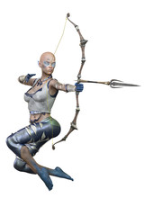 Caucasian Elf Archer Woman with Bow and Arrow on Isolated White Background, 3D illustration, 3D Rendering