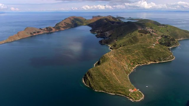 Aerial view of Sun Island (Spanish: Isla del Sol ) on Lake Titicaca, the highest navigable lake in the world, on the border of Peru and Bolivia, South America.