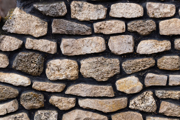 Background of limestone masonry. The surface is decorated with natural material. The wall is made of wild stone.