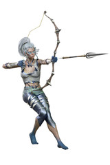 Caucasian Elf Archer Woman with Bow and Arrow on Isolated White Background, 3D illustration, 3D Rendering