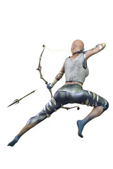 Caucasian Elf Archer Woman with Bow and Arrow on Isolated White Background, 3D illustration, 3D Rendering