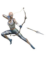 Caucasian Elf Archer Woman with Bow and Arrow on Isolated White Background, 3D illustration, 3D Rendering