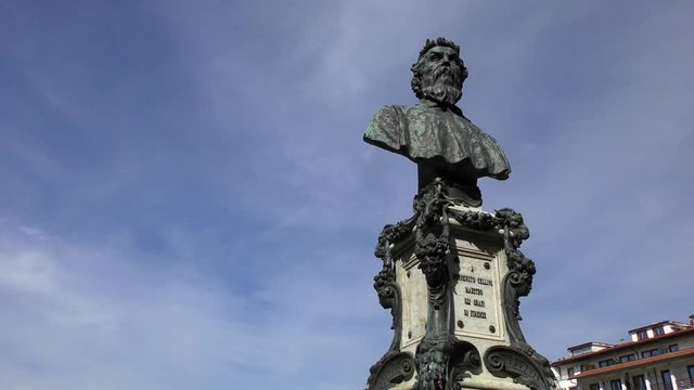 Bust of Benvenuto Cellini installed on the Ponte Vecchio bridge in the Italian city of Florence. Tuscany, Italy.