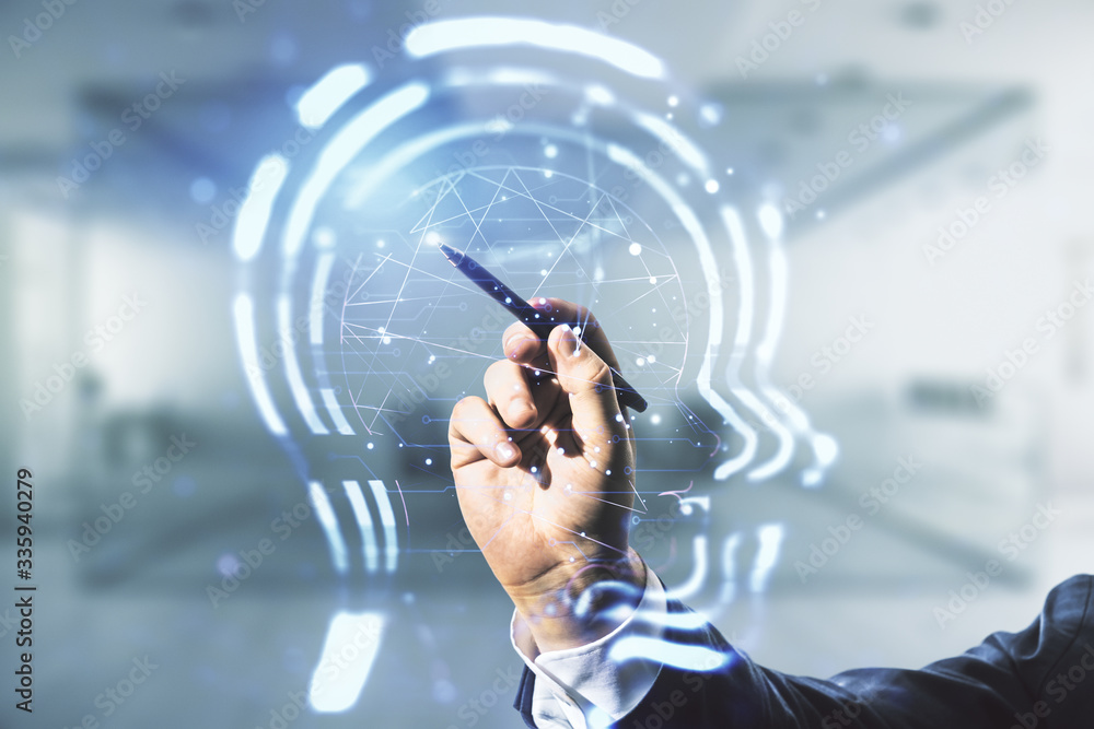 Poster man hand with pen working with abstract virtual artificial intelligence concept with human head sket