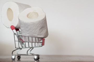 Rolls of toilet paper in shopping cart with copy space