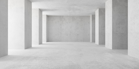 Abstrakter leerer, moderner Betonraum mit indirekter Beleuchtung von den linken Seitensäulen - industrielle Innenhintergrundschablone, 3D-Darstellung