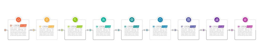 Minimal Business Infographics template. Timeline with 9 steps, options and marketing icons .Vector linear infographic with nine conected elements. Can be use for presentation.