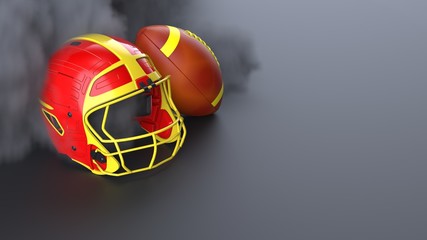 Fototapeta premium American football Red-Yellow helmet and Ball with dark black toned foggy smoke under black-white laser lighting. 3D illustration. 3D high quality rendering.