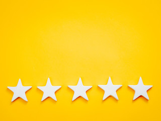 Top position. Leadership success experience. Five white stars on yellow background. - obrazy, fototapety, plakaty