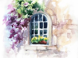 Vintage window with yellow flowers - 335942402