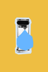 Freshwater shortage concept. Tap and a large drop of water in the form of an hourglass.