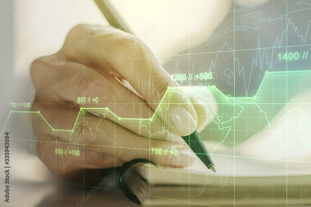Poster abstract creative analytics data spreadsheet with woman hand writing in diary on background, analyti
