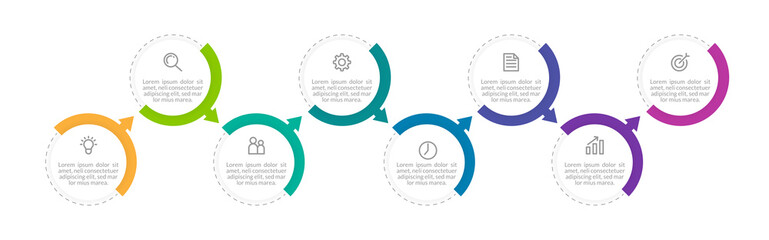 Minimal Business Infographics template. Timeline with 8 steps, options and marketing icons .Vector linear infographic with eight conected elements. Can be use for presentation.