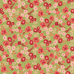 Red and pink flowers seamless vector pattern on green. Decorative feminine surface print design. For fabrics, cards, wrapping paper, scrapbooking and packaging.