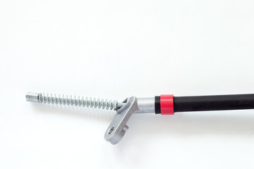 twisted steel parking brake cable with spring in a black case with fastening, car spare part...