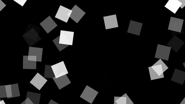 White particles in the form of squares with different transparency randomly moving on a black background, computer moving graphics mini video clip
