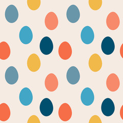 Cute warm easter eggs irregular seamless pattern with peachy background. Yellow, coral, turquoise blue colors.