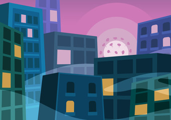 Fototapeta premium Sunrise with coronavirus instead of sun behind the buildings. Funny illustration. 