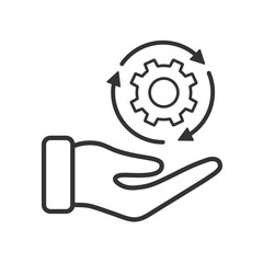 Hand holding a gear icon vector outline icon