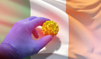 Coronavirus COVID-19 outbreak concept, health threatening virus, background waving national flag of Ireland. Pandemic stop Novel Coronavirus outbreak covid-19 3D illustration.