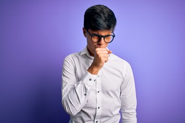 Young handsome business man wearing shirt and glasses over isolated purple background feeling unwell and coughing as symptom for cold or bronchitis. Health care concept.