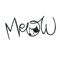 Vector illustration with cat head and calligraphy word Meow. Funny monochrome typography poster with pet, apparel print design with domestic animal
