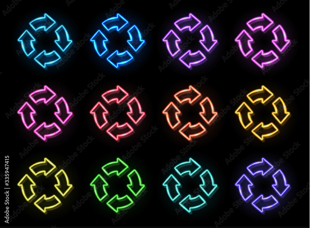 Poster arrow circle icon set. 3d color neon signs on black background. glowing refresh reload rotation recy
