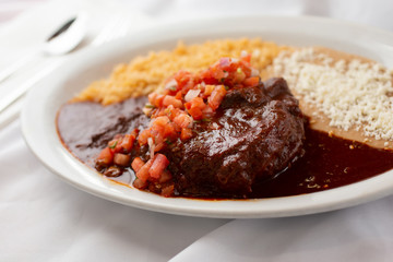A view of a Mexican plate of a beef cut in spicy mole sauce, in a restaurant or kitchen setting.
