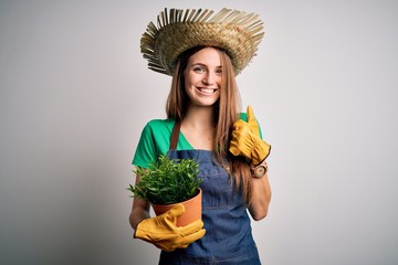 Young beautiful redhead farmer woman wearing apron and hat holding plant pot happy with big smile doing ok sign, thumb up with fingers, excellent sign