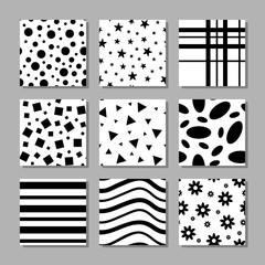 Simple monochrome seamless patterns collection. Black and white prints. Vector illustration.