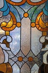 Close-up of stained glass in the church window