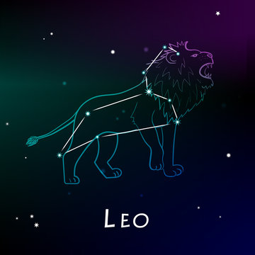 Leo (Lion) Zodiac Sign and constellation in front of dark starry space. Astrological vector illustration.