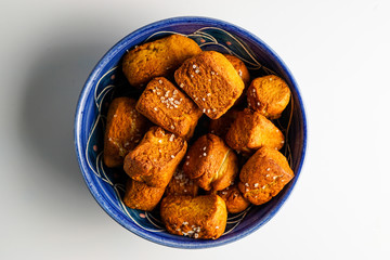 Pretzel nuggets in a blue bowl